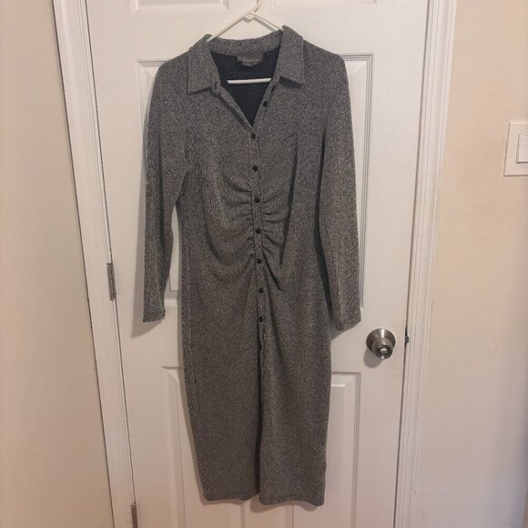Anthropologie Womens Medium Gray Ribbed Knit Ruched Button Front Midi Dress - Picture 3 of 13